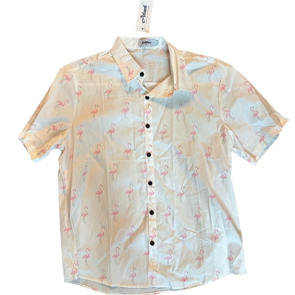 Vatpave White Flamingo Print Men's 100% Cotton Button Down Shirt